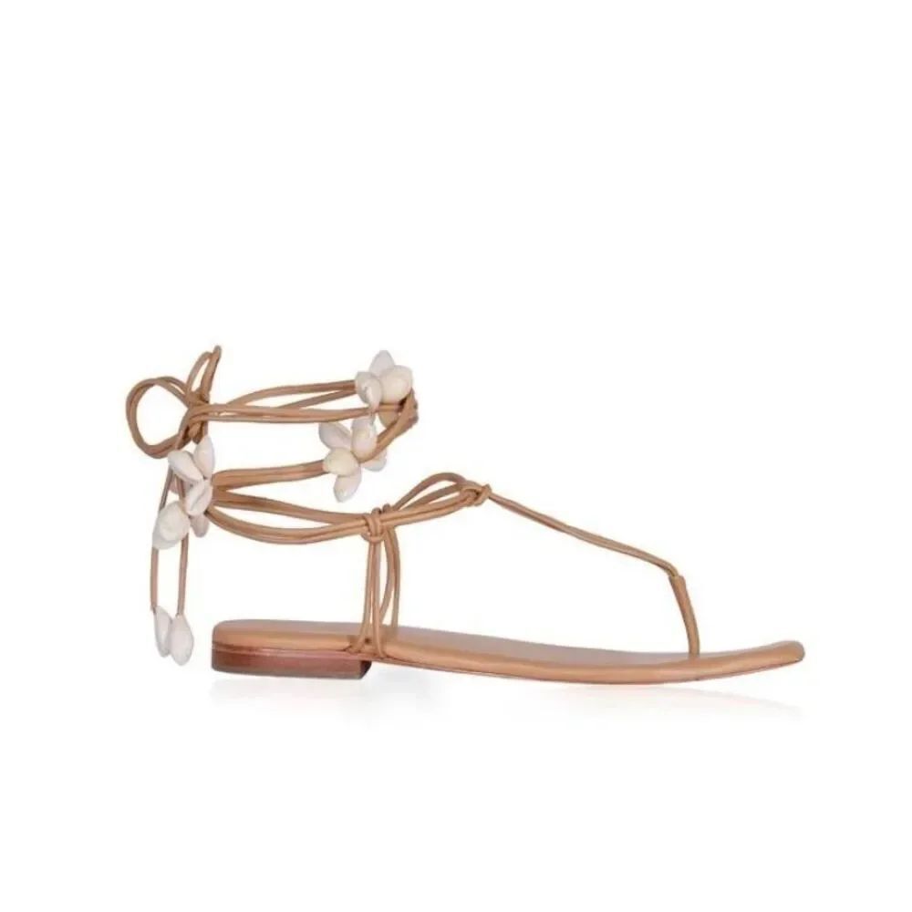 Johanna Ortiz Amazonia Peruana Shell-Embellished Leather Sandals in Neutral NWOB